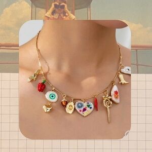 NWOT Evil Eye Gold Necklace with Multicolor Handpainted Heart Pepper Charms